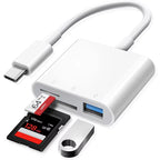 White USB-C card reader for iPhone and iPad, with USB-A port and micro SD card slot