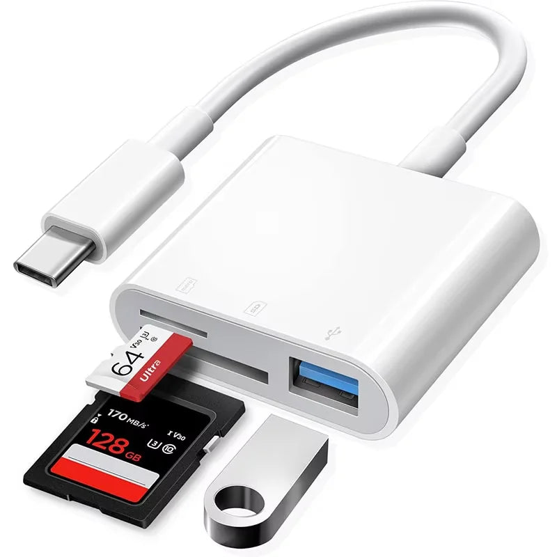 White USB-C card reader for iPhone and iPad, with USB-A port and micro SD card slot