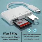 White USB-C card reader for iPhone and iPad, with USB-A port and micro SD card slot