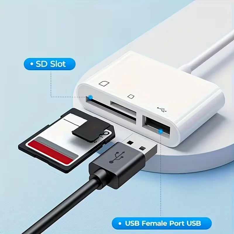 White USB-C card reader for iPhone and iPad, with USB-A port and micro SD card slot