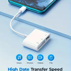 White USB-C card reader for iPhone and iPad, with USB-A port and micro SD card slot