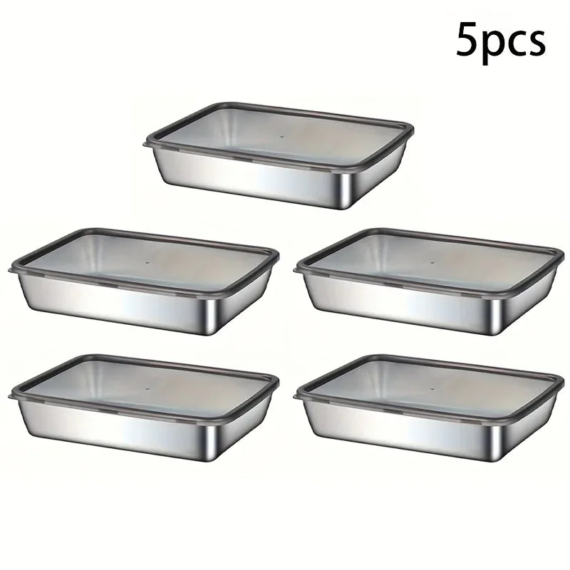Set of five stainless steel food storage containers with leak-proof lids