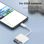 White USB-C card reader for iPhone and iPad, with USB-A port and micro SD card slot