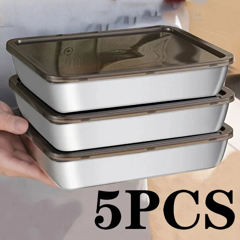 Set of five stainless steel food storage containers with leak-proof lids